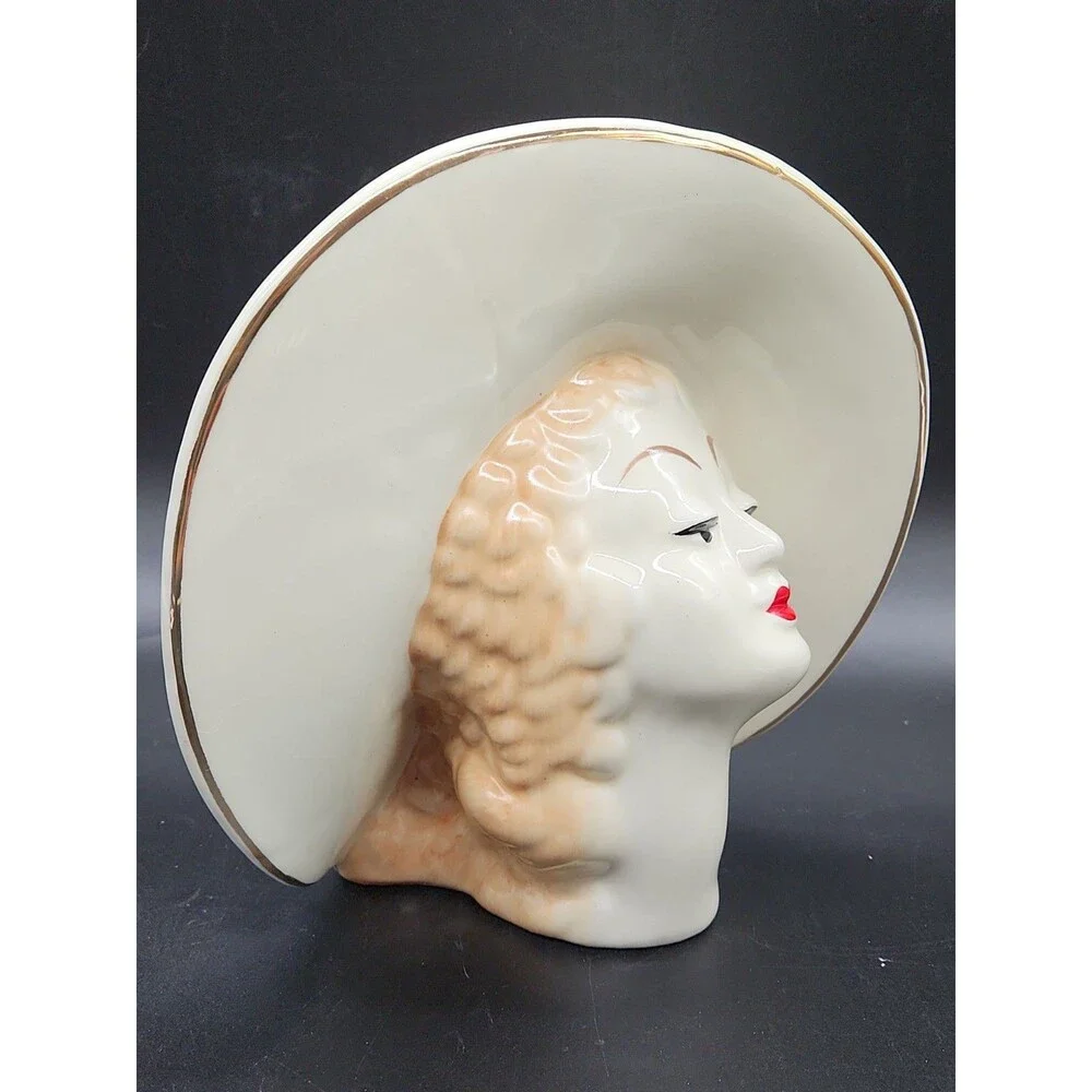Art Deco Head Vase Blonde Lady Womans Face Large Hat Gold Gilt Red Lips 8